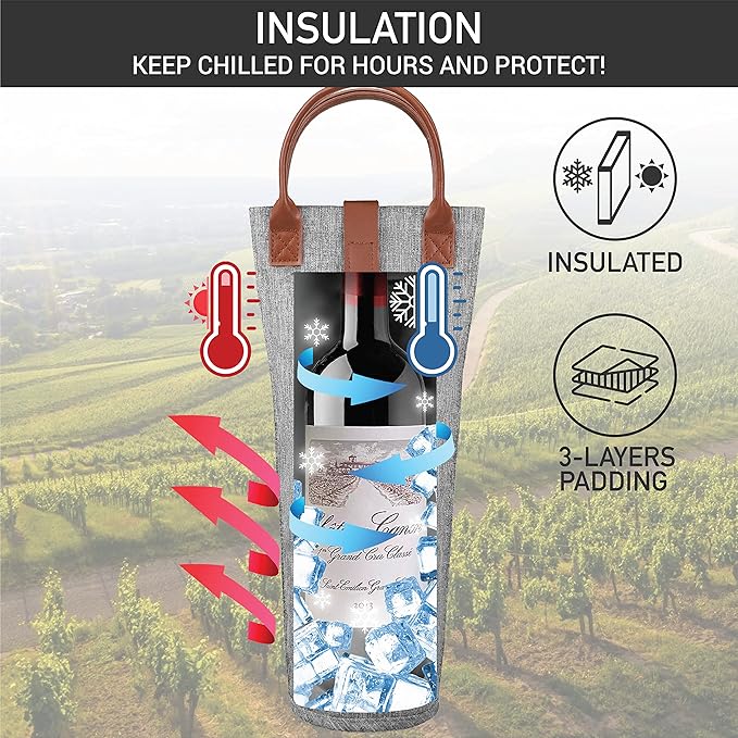 opux Wine Bag Single Bottle Carrier Tote, Insulated Travel Wine Cooler Bag for Picnic Beach Gift, Thermal Padded Portable One Bottle Holder Carrying Case for Women Men Wine Lovers, Heather Gray