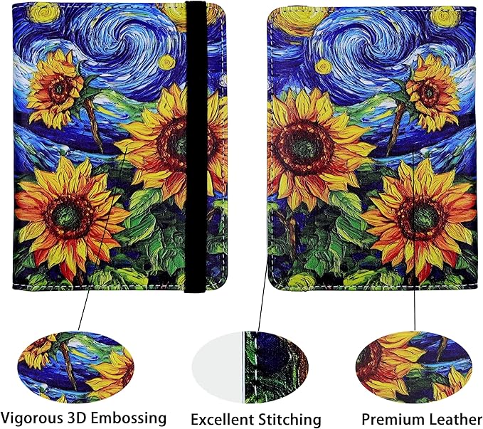 Passport Holder for Women and Men PU Leather Passport Cover for Travel (Sunflower)