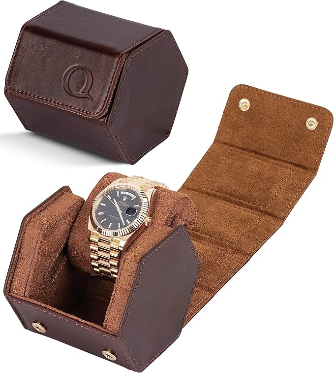 Leather Watch Cases for Men - Hexagon Single & Double Watch Roll Travel Case - Genuine Napa Leather with Velvet Interior - Storage & Display Holder for 1 Watch or 2 Watches