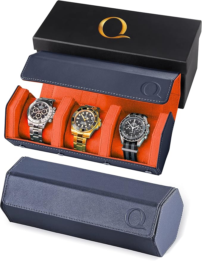 Napa Leather Watch Rolls for Men - Hexagon Triple Watch Roll Travel Case for 3 Watches - Storage Organizer Genuine Leather with Velvet Interior Display (Blue/Orange)