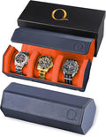 Napa Leather Watch Rolls for Men - Hexagon Triple Watch Roll Travel Case for 3 Watches - Storage Organizer Genuine Leather with Velvet Interior Display (Blue/Orange)