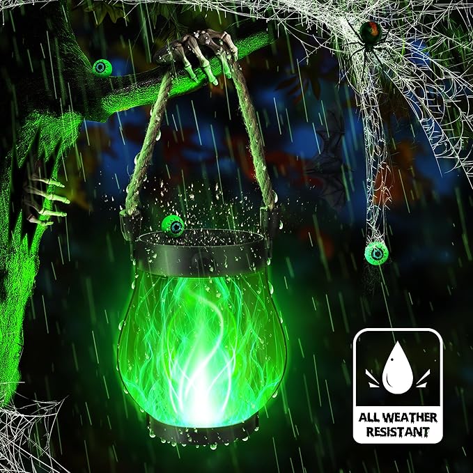 Halloween Solar Flame Lantern Hanging Outdoor Waterproof Purple - 2 Pack Flame Lanterns with Dual Charging Modes of Solar & USB for Garden or Yard Halloween Decorations (Green - 2 Pack)