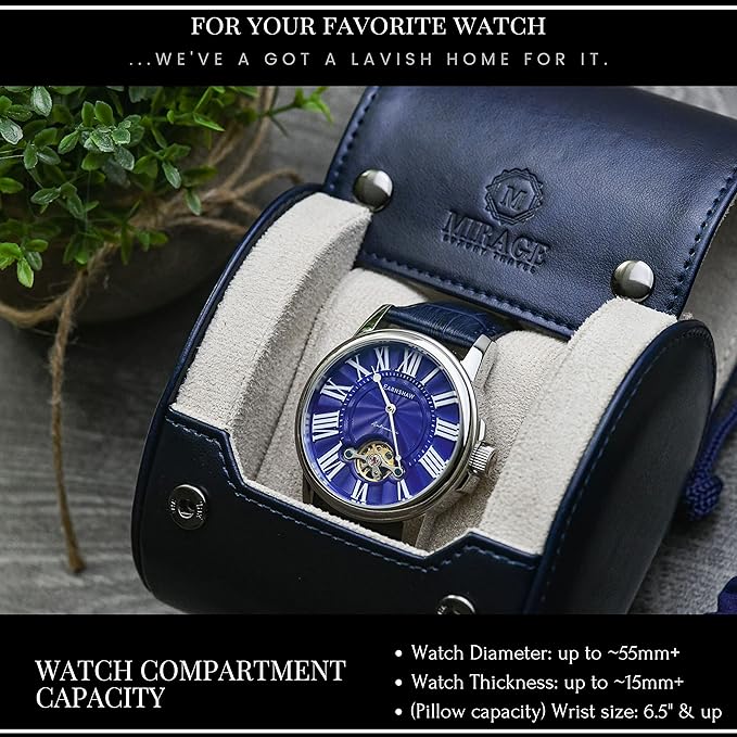 Blue/Ivory - 1 Watch Travel Case for Men - Single Watch Case Storage - Gift Idea Travel Accessory - Midnight Blue/Ivory - Mirage Watch Roll Cases Vegan Leather