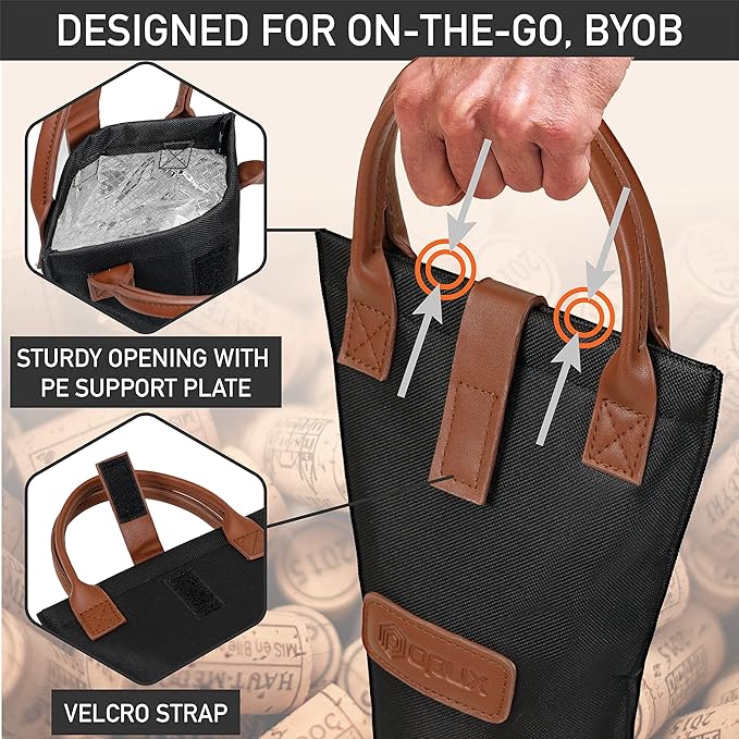 opux Wine Bag Single Bottle Carrier Tote, Insulated Travel Wine Cooler Bag for Picnic Beach Gift, Thermal Padded Portable One Bottle Holder Carrying Case for Women Men Wine Lovers, Black