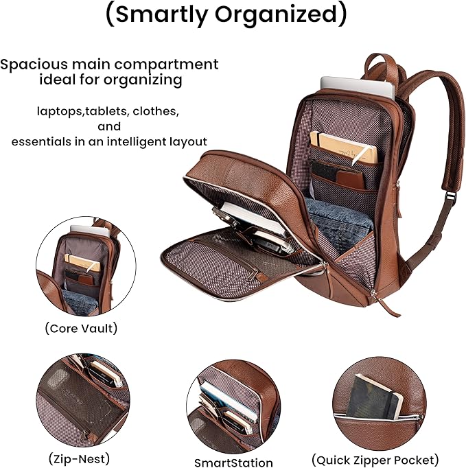 LEATHER VILLAGE Leather Laptop Backpack for Men |Brown | Slim Professional Business Bag Fits 15.6”-Laptop | Water-Repellent Work & Travel Daypack with Trolley Strap
