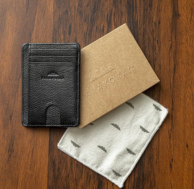 KARAKORAM Vertical Handcrafted Premium Leather Front Pocket Credit Card Holder with RIFD Protection | Artisan Made Slim Leather Wallet | Finger Glide Slots for Cards and ID (Jet Black)