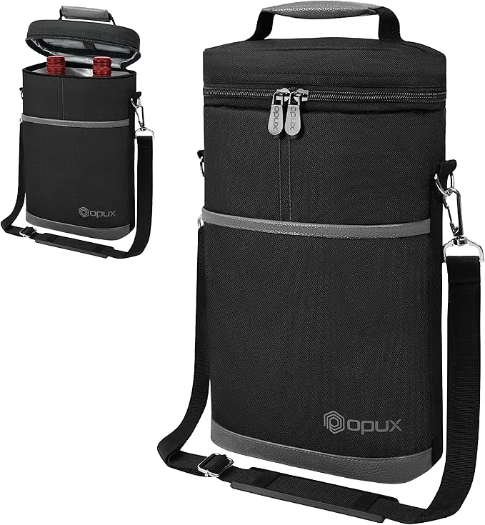 OPUX 2 Bottle Wine Carrier Tote, Insulated Leakproof Wine Cooler Bag, Wine Travel Bag Tote for Picnic BYOB Beach, Portable Wine Bottle Carrying Case, Gift for Wine Lover Women Men Christmas, Dark Grey