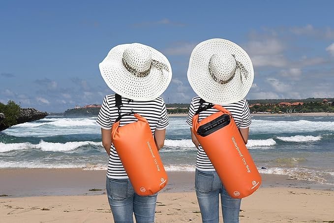 Freegrace Waterproof Dry Bags Set of 3 Dry Bag with 2 Zip Lock Seals & Detachable Shoulder Strap, Waist Pouch & Phone Case - Can Be Submerged Into Water - for Swimming (Orange, 10L)