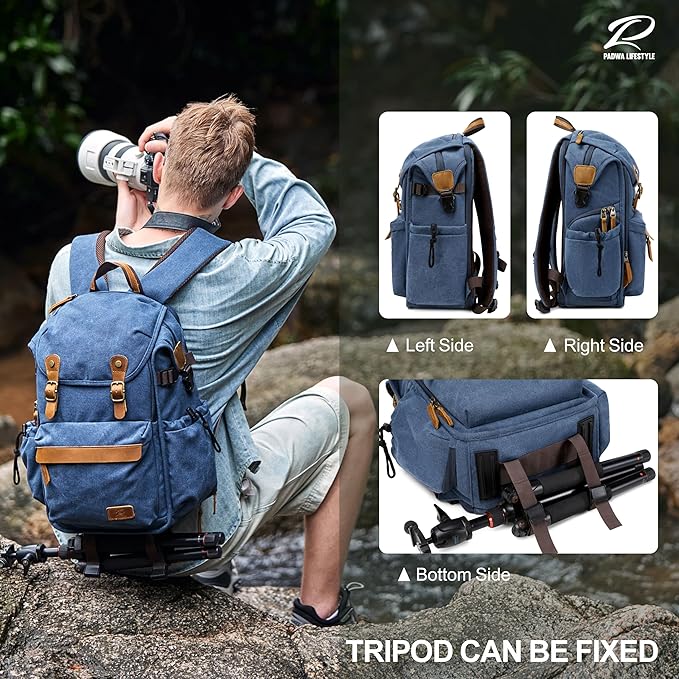 Padwa Lifestyle Blue Camera Backpack - Professional DSLR & UAV Camera Bag,Anti Theft Canvas Camera Backpack with Rain Cover,Large Capacity Photography Travel Camera Bag with Multi Compartments