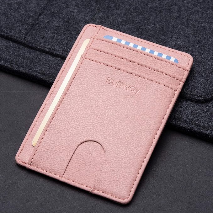 Buffway Slim Minimalist Front Pocket RFID Blocking Leather Wallets for Men and Women - Lichee Pink