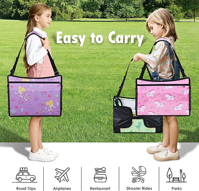 3PCS Kids Travel Tray for Airplane - Toddler Car Seat Table Tray, Road Trip Essentials for Boys & Girls, Carseat Lap Desk for Kids Road Trip Activities (Pink/Green-/Purple)