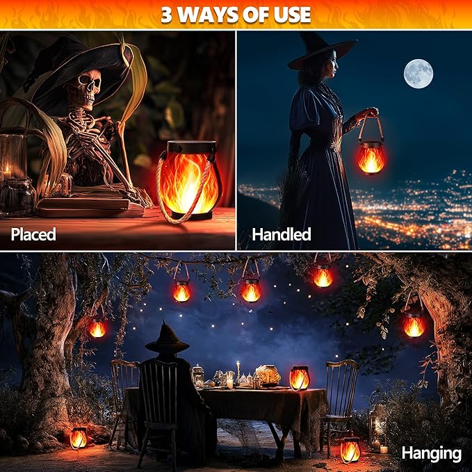 Halloween Solar Flame Lantern Hanging Outdoor Waterproof Purple - 2 Pack Flame Lanterns with Dual Charging Modes of Solar & USB for Garden or Yard Halloween Decorations (Red - 2 Pack)