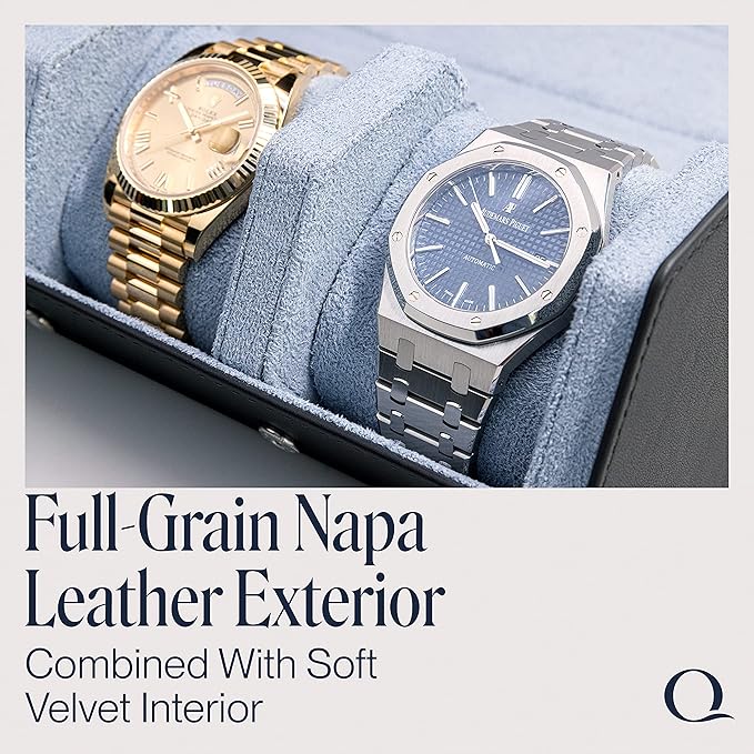 Napa Leather Watch Rolls for Men - Hexagon Triple Watch Roll Travel Case for 3 Watches - Storage Organizer Genuine Leather with Velvet Interior Display (Gray/Blue)