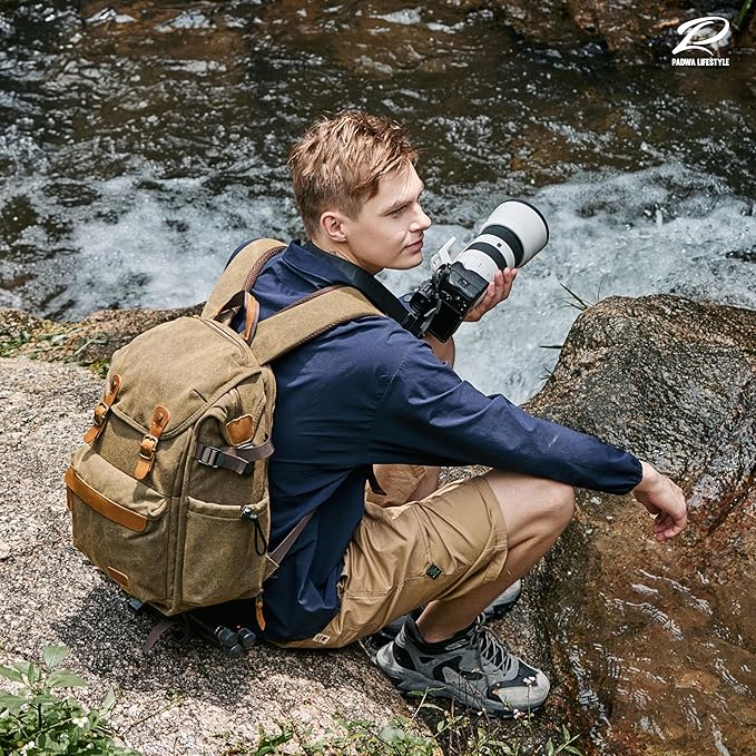Padwa Lifestyle Khaki Camera Backpack - Professional DSLR & UAV Camera Bag,Anti Theft Canvas Camera Backpack with Rain Cover,Large Capacity Photography Travel Camera Bag with Multi Compartments
