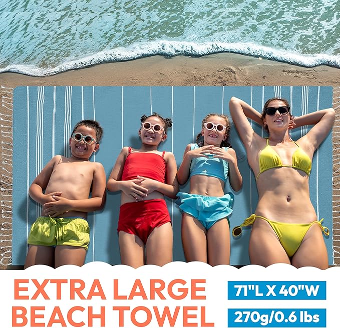 Turkish Beach Towel - 40x71 inch Oversized Sand Resistant Prewashed Turkish Towel - 100% Turkish Cotton Quick Drying, Compact, Lightweight Turkish Towel for Beach, Bath, Pool, Gym, Yoga