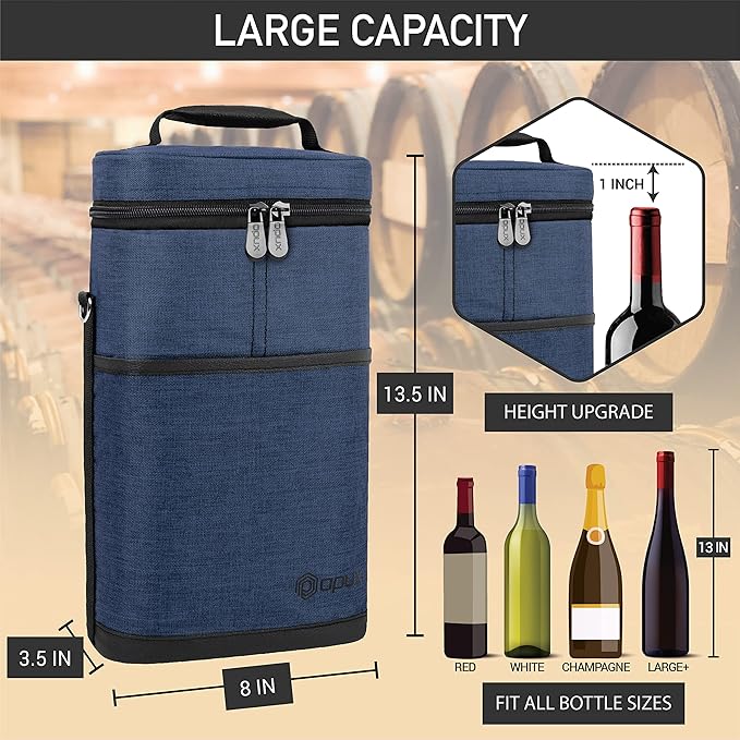 opux 2 Bottle Wine Carrier Tote, Insulated Leakproof Wine Cooler Bag, Wine Travel Bag for Picnic BYOB Beach, Portable Wine Bottle Carrying Case, Gift for Wine Lover Women Men Christmas, Navy
