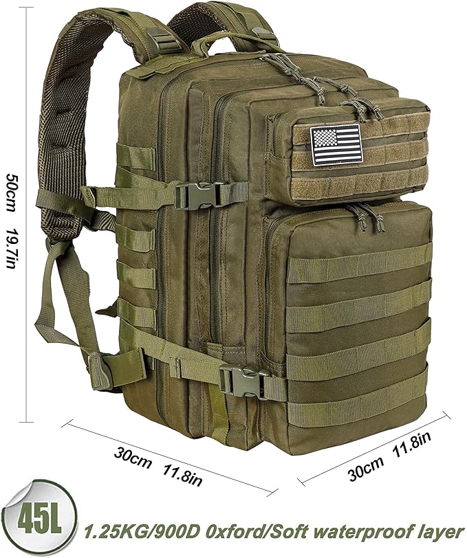 LHI Military Tactical Backpack for Men and Women 45L Army 3 Days Assault Pack Bag Large Rucksack with Molle System - Green