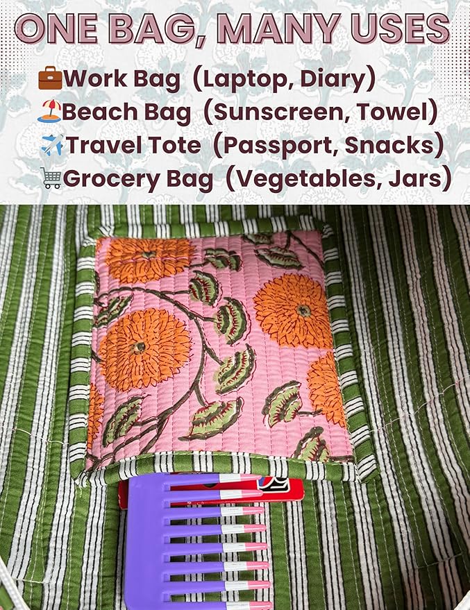 Cotton Quilted Tote Bag for Women – Large Beach & Travel Tote with Zipper, Reusable Grocery Bag