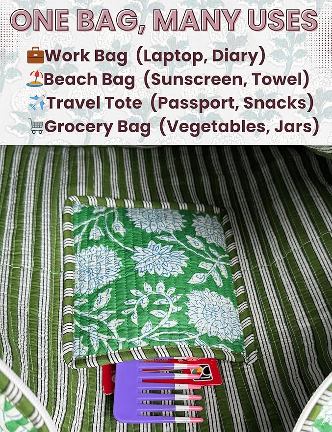 Cotton Quilted Tote Bag for Women – Large Beach & Travel Tote with Zipper, Reusable Grocery Bag