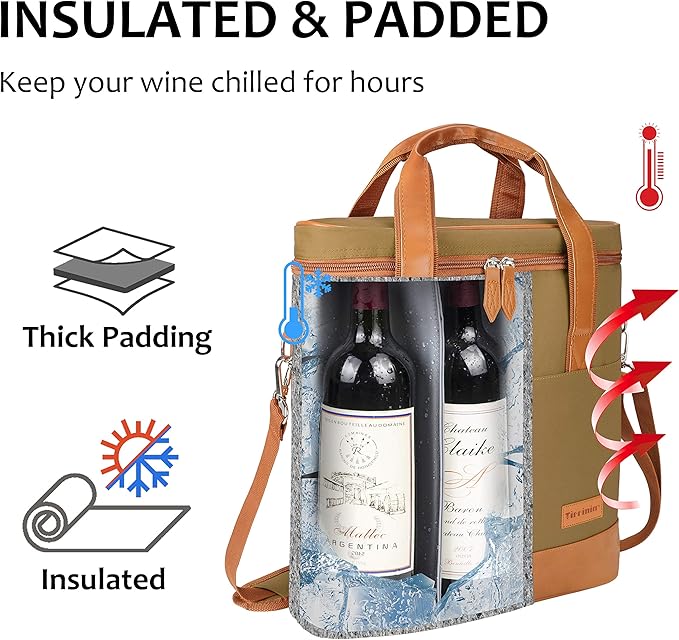 Tirrinia Insulated Wine Gift carrier - 3 Bottle Travel Padded Wine Carry Cooler Tote Bag with Handle and Adjustable Shoulder Strap, Khaki