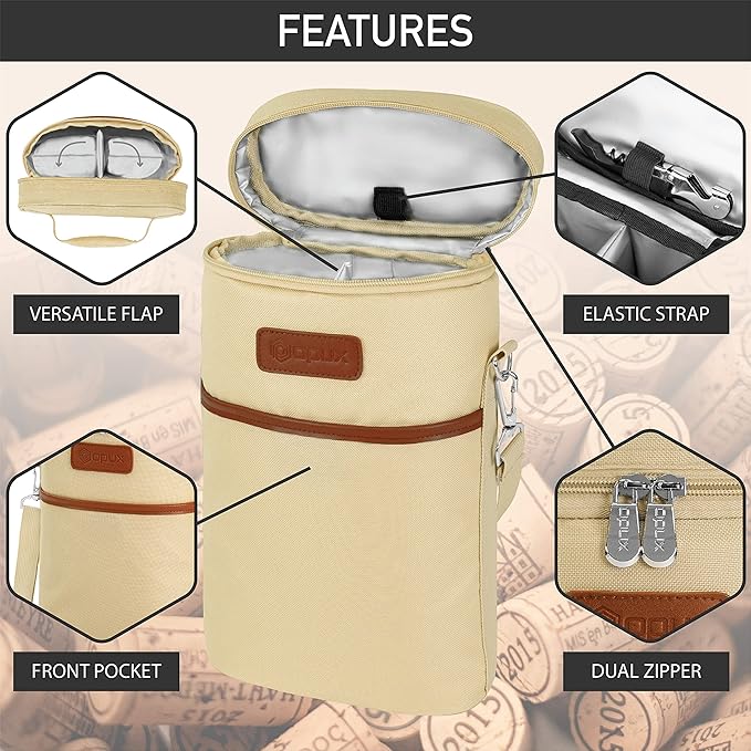 opux 2 Bottle Wine Carrier Tote, Insulated Leakproof Wine Cooler Bag, Wine Travel Bag Tote for Picnic Beach, Portable Wine Bottle Carrying Case, Gift for Wine Lover Women Men Christmas, Cream Beige