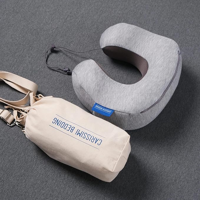 Travel Pillow with Bag – Compact Memory Foam Neck Pillow for Airplane, Car and Office – Ergonomic Design for Travel Comfort and Shoulder & Neck Support