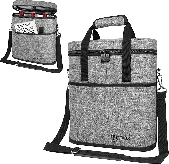 OPUX 3 Bottle Insulated Leakproof Wine Cooler Bag, Portable Wine Bottle Carrying Case - Grey