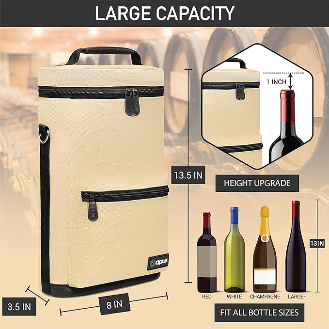 opux Wine Bag 2 Bottle Wine Tote Carrier, Insulated Wine Cooler Bag for Travel Picnic, Leakproof Portable Bottle Padded Case, Wine Gifts For Women Men Wine Lovers Christmas, Cream Beige