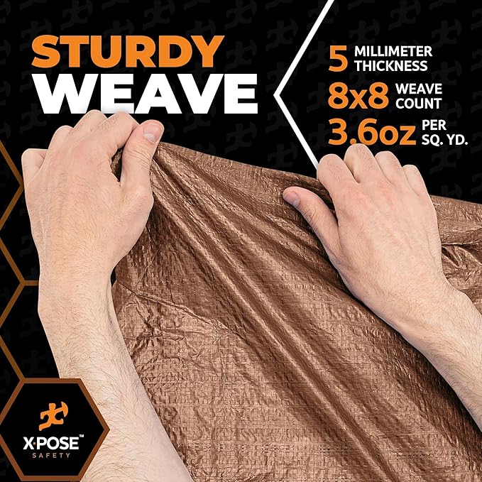 Multipurpose Protective Cover Brown Poly Tarp 6' x 8' (2-Pack) - Durable, Water Resistant, Weather Resistant - 5 Mil Thick Polyethylene - by Xpose Safety