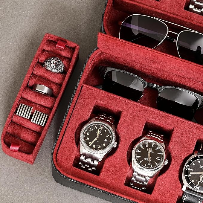 ROTHWELL 8 Watch Travel Case Storage Organizer for 8 Watches, Sunglasses, Rings & Cufflinks |Tough Portable Protection with Zipper Fits Most Wristwatches & Smart Watches Up to 50mm (Black/Red)