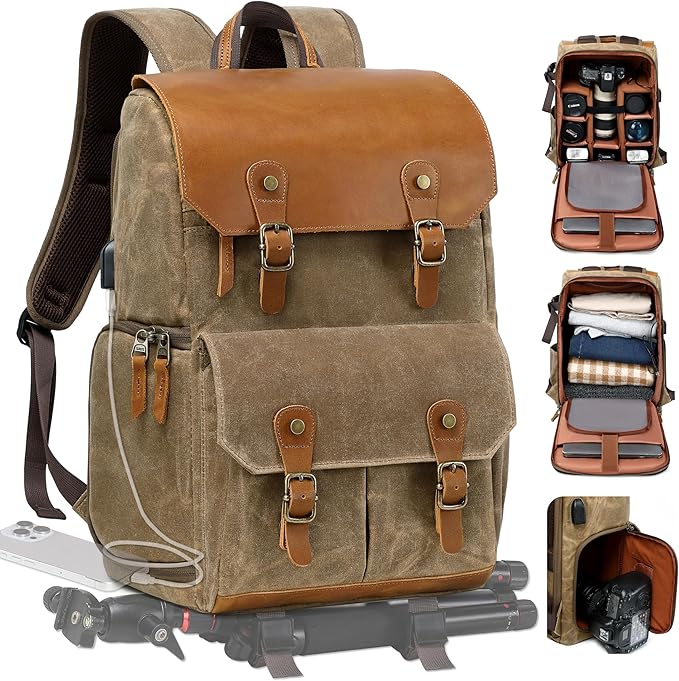 Padwa Lifestyle Khaki Camera Backpack - Weather Resistant Waxed Memory Canvas Camera Backpacks for Photographers,Multi DSLR SLR Camera Bag with 16” Laptop & Lens Compartment and Tripod Holder