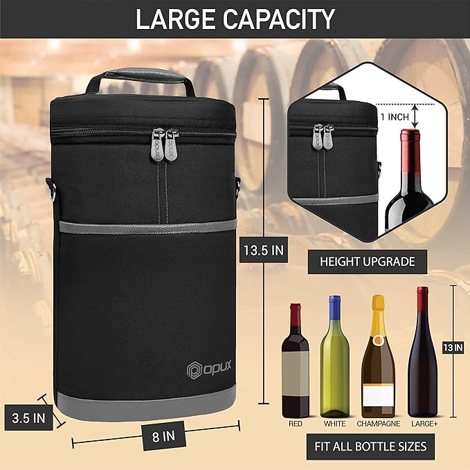 OPUX 2 Bottle Wine Carrier Tote, Insulated Leakproof Wine Cooler Bag, Wine Travel Bag Tote for Picnic BYOB Beach, Portable Wine Bottle Carrying Case, Gift for Wine Lover Women Men Christmas, Dark Grey