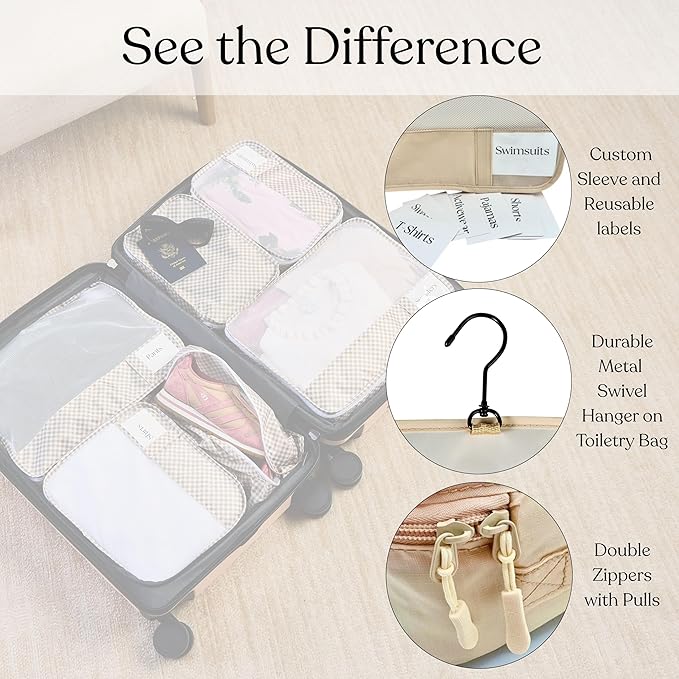 9 Set Packing Cubes - Suitcase Organizer, Cute Packing Cubes, Travel Bags Organizer for Luggage with Hanging Toiletry and Shoe Bag, Travel Essentials for Women, Men and Kids -Gold