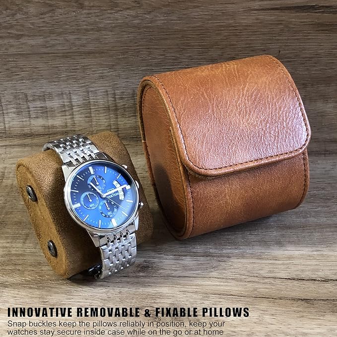 Longjet Watch Roll Travel Case for Men Portable Watches Organizer Box with Removable Velvet Pillow Holder (1 Slot Brown)