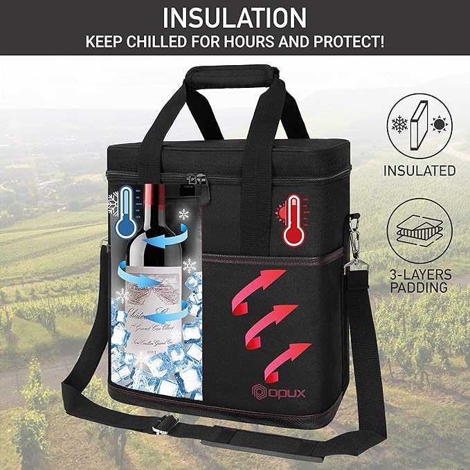 opux 6 Bottle Carrier Tote | Insulated Padded Wine Cooler Bag for Travel. Picnic, BYOB | Portable Leakproof Wine Tote Bag for Dinner, Party, Christmas, Wine Gift for Women, Men (Black)