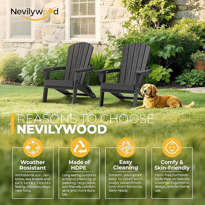 Folding Adirondack Chair - Extended Ergonomic Backrest, Cup Holder - Easy Assembly - Durable HDPE Plastic, Weather Resistant & Maintenance-Free - Lawn, Patio, Deck Supports 380lbs Black