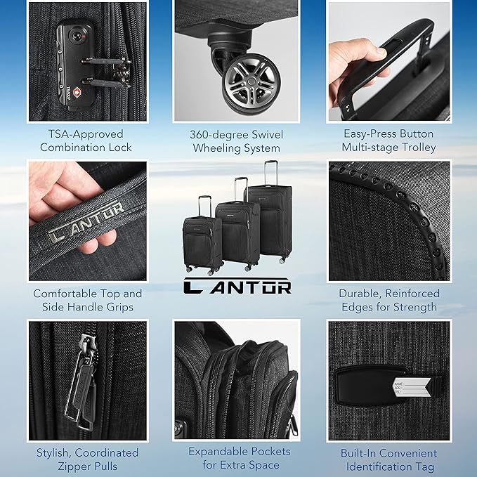 Cantor Ultra Lightweight Softside Luggage with Spinner Wheels, Set of 3, Expandable Suitcase with Retractable Handle and ID Tag, and Interlocking Zippers with TSA Lock