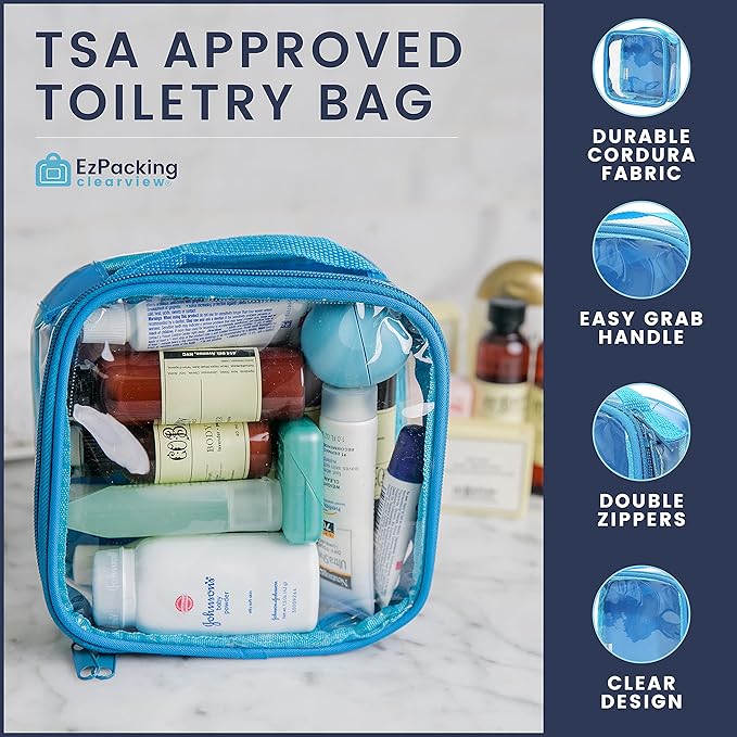 EzPacking Clear TSA Approved 3-1-1 Travel Toiletry Bag for Carry On/Quart Size Transparent Liquids Pouch for Airport Security/Reusable See Through Vinyl & PVC Plastic Organizer Men Women (Turquoise)