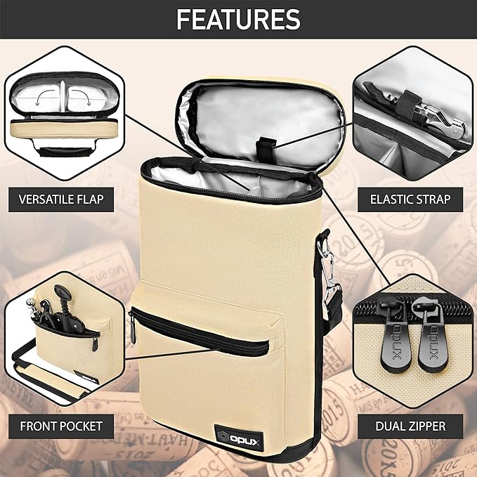 opux Wine Bag 2 Bottle Wine Tote Carrier, Insulated Wine Cooler Bag for Travel Picnic, Leakproof Portable Bottle Padded Case, Wine Gifts For Women Men Wine Lovers Christmas, Cream Beige
