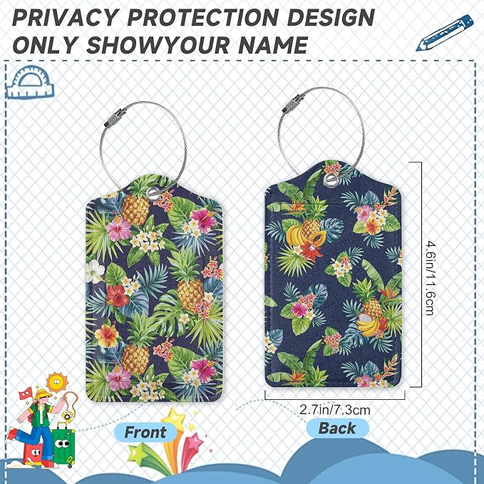 Tropical Pineapples Luggage Tags for Suitcases,2 Pack Palm Leaves Flowers Luggage Tag,Leather Stainless Steel Loop Label Tag for Women Men Girls Travel Bag Suitcase