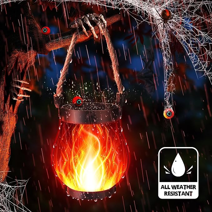 Halloween Solar Flame Lantern Hanging Outdoor Waterproof Purple - 2 Pack Flame Lanterns with Dual Charging Modes of Solar & USB for Garden or Yard Halloween Decorations (Red - 2 Pack)