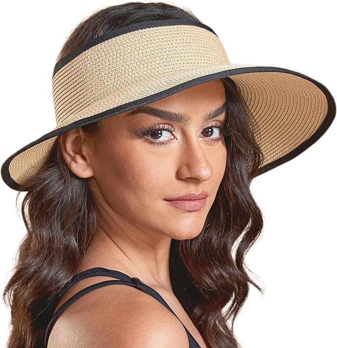 Joywant Womens Sun Visor Hats, Packable Wide Brim Ponytail Beach Hat Straw Visor Summer Beach Vacation Essentials for Womens