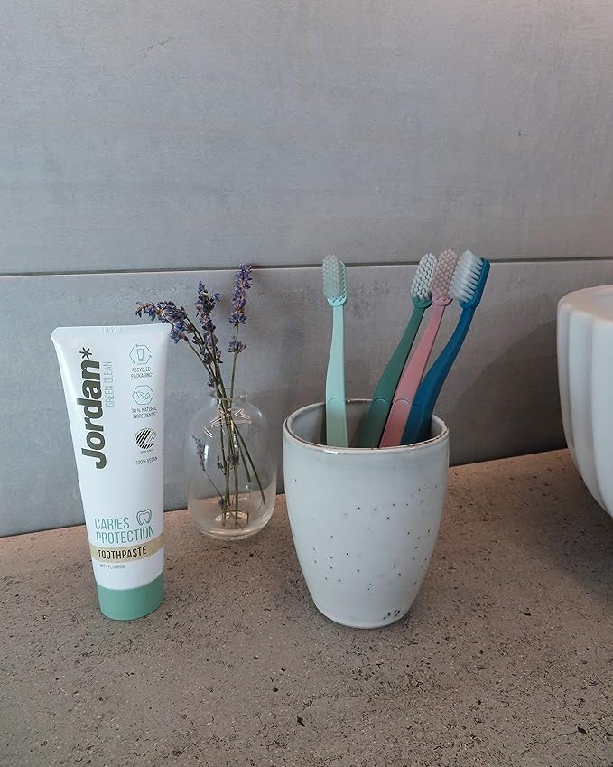 Jordan* ® | Green Clean Toothbrush | Award Winning Sustainable Toothbrush Made from Recycled Materials | Eco-Friendly | Scandinavian Design | Soft Bristle Toothbrush | Adult Toothbrush x 4 Units + Bab