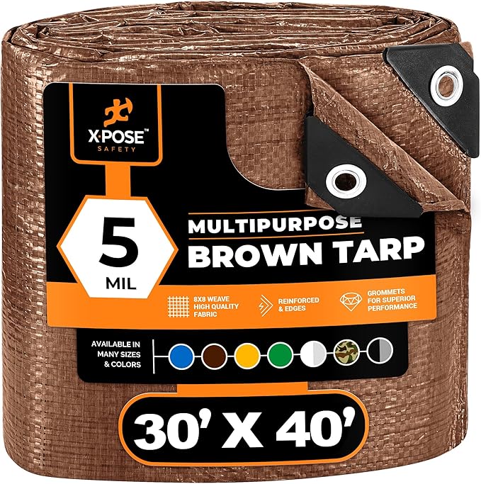 Multipurpose Protective Cover Brown Poly Tarp 30' x 40' - Durable, Water Resistant, Weather Resistant - 5 Mil Thick Polyethylene - by Xpose Safety