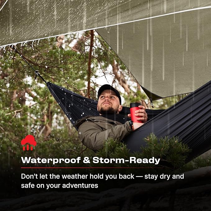 Rain Fly 12x10 Lightweight Survival Camping Tarp; 100% Waterproof; Makes a Great Backpacking Tarp or Hammock Shelter; Comes in Multiple Colors, Survival Bracelet Included; OD-Green
