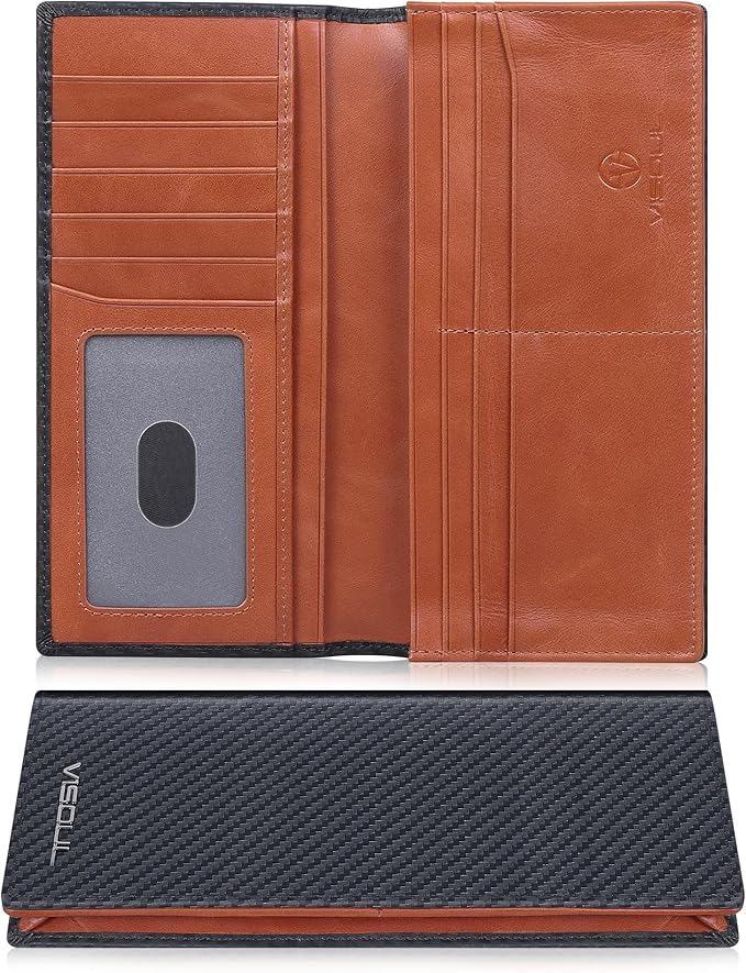 VISOUL Mens Billfold Long Checkbook Wallet Leather with RFID Blocking, Large Bifold Secretary Cash Wallet Tall with 12 Card Slots for Men (Black+Orange)