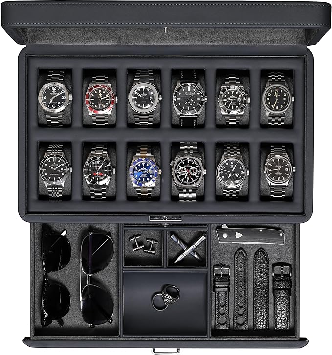 ROTHWELL Luxury Watch Box for 12 Watches – PU Leather Watch Box with Real Glass Lid – Slide out Accessory Drawer with Multiple Compartments (Carbon)