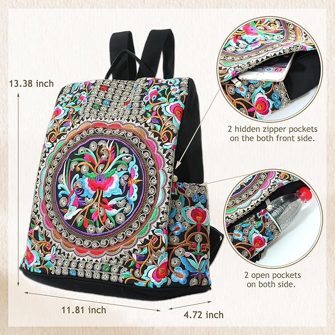 Jursccu Embroidered Women Backpack Purse, Fashion Canvas Travel Anti-theft Rucksack Shoulder Bag (Flower Embroidery)