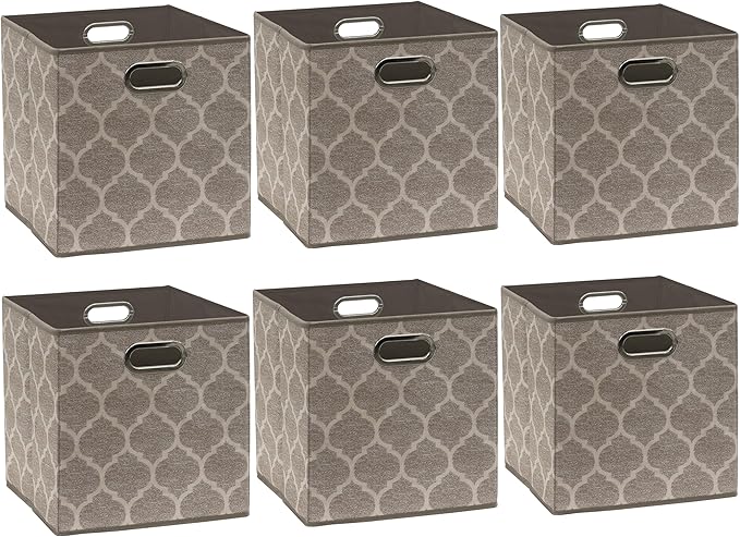 SIMPLE HOUSEWARE 11-Inch Collapsible Fabric Cube Storage Bin with Handles, Printed Design, 6 Pack, Beige