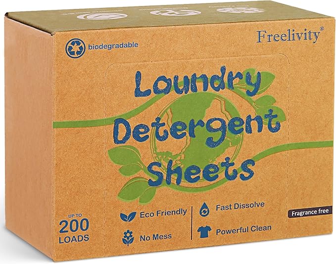 Freelivity Laundry Detergent Sheets, 200 Loads Fragrance Free Eco-Friendly Laundry Soap Strips - No Plastic Jug Hypoallergenic Liquid Less Dissolvable Space Saving Sheets for HE machine, travel, home